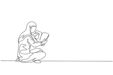 Fototapeta na wymiar One single line drawing of young Arabian mother and son read fairy tale story book together on the floor vector illustration. Happy Islamic muslim family parenting concept. Continuous line draw design