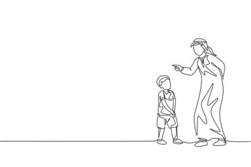 One continuous line drawing of young Islamic father talk and give wise advise to his son not to lie. Happy Arabian loving parenting family concept. Dynamic single line draw design vector illustration