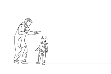 One continuous line drawing of young Arabian father give talk and wise advice to his daughter. Happy Islamic muslim loving parenting family concept. Dynamic single line draw design vector illustration