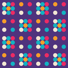 Abstract geometric background design. Dots structure seamless pattern. Pixels circles shapes. Digital data technology. Blue and vibrant colors. Vector illustration.