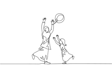 One single line drawing of young Arabian mother and daughter playing beach ball together at park vector illustration. Happy Islamic muslim family parenting concept. Modern continuous line draw design