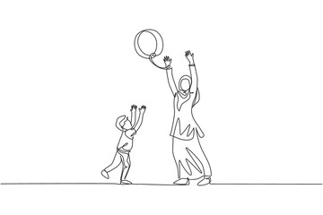 One single line drawing of young Arabian mother playing with her son ball throwing together vector illustration. Happy Islamic muslim family parenting concept. Modern continuous line draw design