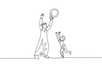Obraz premium One continuous line drawing of young Arabian father playing together with song and throwing ball. Happy Islamic muslim parenting family concept. Dynamic single line draw design vector illustration