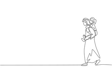 One single line drawing of young Arabian dad talking while piggyback carry her daughter at park vector illustration. Happy Islamic muslim family parenting concept. Modern continuous line draw design