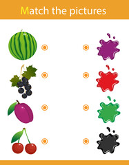 Match by color. Puzzle for kids. Matching game, education game for children. Berries. What color are the objects? Worksheet for preschoolers.