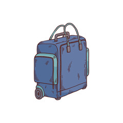 Blue carry on suitcase on wheels - isolated drawing of luggage bag