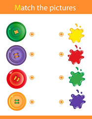 Match by color. Puzzle for kids. Matching game, education game for children. Buttons. What color are the objects? Worksheet for preschoolers.