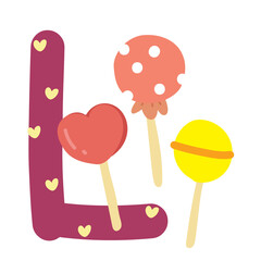 Capital letter L of English alphabet with cute cartoon lollipop candy. Funny font for kindergarten and preschool education. Hand-drawn vector illustration on white background