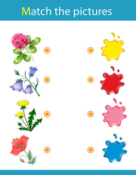 Match by color. Puzzle for kids. Matching game, education game for children. Flowers. What color are the objects? Worksheet for preschoolers.