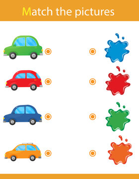 Match by color. Puzzle for kids. Matching game, education game for children. Cars. What color are the objects? Worksheet for preschoolers.