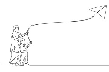 One single line drawing of young Arabian mother and her son playing kite at outfield park together vector illustration. Happy Islamic muslim family parenting concept. Continuous line draw design