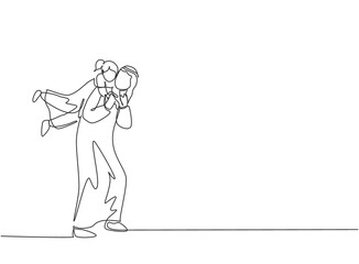 One continuous line drawing of young Arabian dad holding daughter on the back and play together. Happy Islamic muslim parenting family concept. Dynamic single line draw design vector illustration
