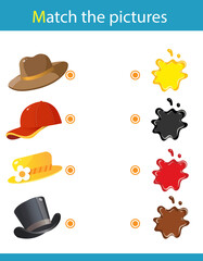 Match by color. Puzzle for kids. Matching game, education game for children. What color are the hats? Worksheet for preschoolers.