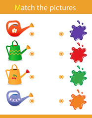 Fototapeta premium Match by color. Puzzle for kids. Matching game, education game for children. What color are the watering cans? Worksheet for preschoolers.