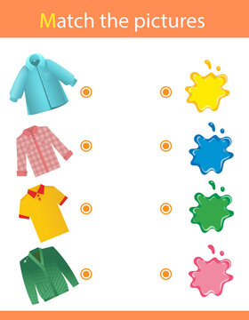 Match by color. Puzzle for kids. Matching game, education game for children. What color are the clothes? Worksheet for preschoolers.