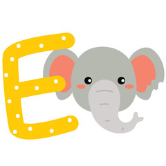Capital letter E of English alphabet with cute cartoon Elephant. Funny font for kindergarten and preschool education. Hand-drawn vector illustration on white background