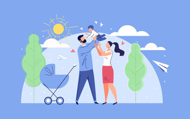 Happy Family Father, Mother and Baby in the Background of Nature and the Shining Sun. Vector Illustration in Flat Cartoon Style.