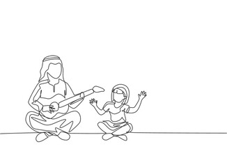 Single continuous line drawing of young Arabian dad entertain her daughter playing guitar on the floor. Islamic muslim happy family fatherhood concept. Trendy one line draw design vector illustration