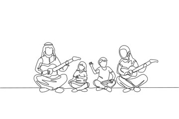 Single continuous line drawing of young Arabian couple playing gutiae and singing together with kids. Islamic muslim happy family parenthood concept. Trendy one line draw design vector illustration
