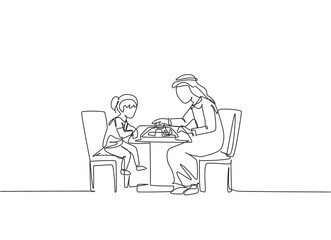 One continuous line drawing of young Arabian dad and daughter thinking strategy while playing chess. Happy Islamic muslim parenting family concept. Dynamic single line draw design vector illustration