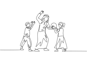 One continuous line drawing of young Islamic dad playing ball with son and daughter at outdoor field. Happy Arabian muslim parenting family concept. Dynamic single line draw design vector illustration