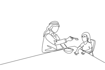 One single line drawing of young Islamic dad feeding nutritious food to daughter at lunch time vector illustration. Happy Arabian muslim family parenting concept. Modern continuous line draw design