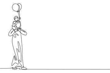 One continuous line drawing of young Islamic father hold son on shoulder who hold a balloon tightly. Happy Arabian muslim parenting family concept. Dynamic single line draw design vector illustration