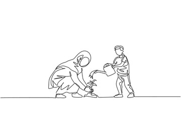 Fototapeta na wymiar One single line drawing of young Islamic mother and her son planting a plant at house backyard vector illustration. Happy Arabian muslim family parenting concept. Modern continuous line draw design