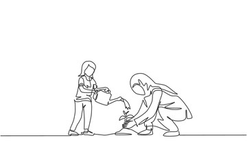 Fototapeta na wymiar One single line drawing of young Islamic daughter help her mom watering planted plant on ground vector illustration. Happy Arabian muslim family parenting concept. Modern continuous line draw design