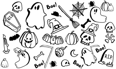 Vector set of halloween clipart. Funny, cute illustration for seasonal design, textile, decoration kids playroom or greeting card. Hand drawn prints and doodle.