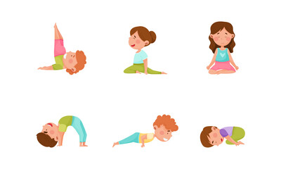 Little Boy and Girl Standing in Yoga Pose Breathing Deeply Vector Illustrations Set