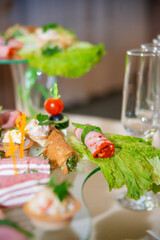 Empty glasses set, Elegant table setting for a festive dinner in the restaurant. Snacks on the buffet table