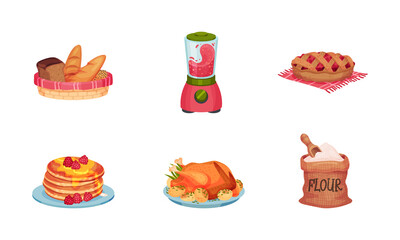 Kitchen Appliance and Foodstuff with Prepared Pie and Turkey Rested on Plates Vector Set