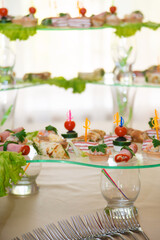 Empty glasses set, Elegant table setting for a festive dinner in the restaurant. Snacks on the buffet table
