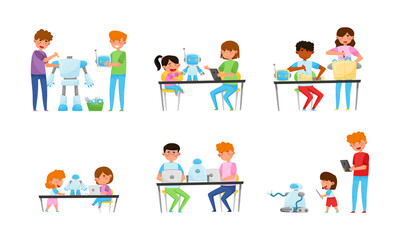 Children and Teenagers Sitting at Tables and Engineering Robots Vector Illustrations Set