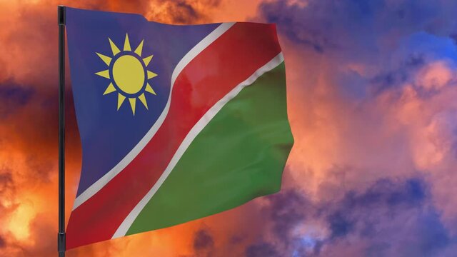 Namibia flag on pole with sky background seamless loop 3d animation