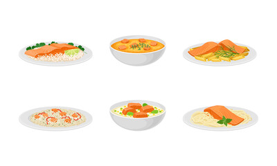 Salmon Dishes Served with Rice and Garnished with Pot Herbs Vector Set
