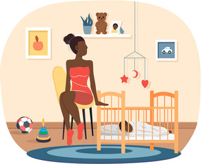 Afro american woman puts to bed child in cradle. Healthy kid, happy family, maternity leave and glad motherhood. Mother spends time at home with her baby. Girl in red dress helps child to fall asleep