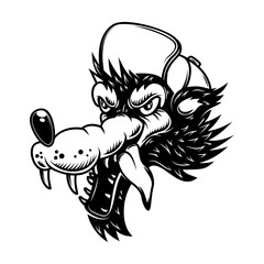 Illustration of cartoon wolf in baseball cap. Design element for poster, card, banner, sign, logo. Vector illustration