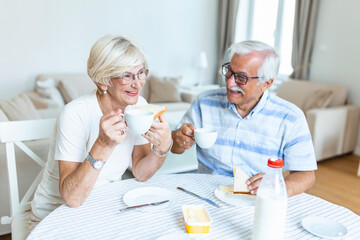 Senior couple making sandwiches for breakfast. Happy old couple communicating while enjoying in their breakfast. Elderly couple having fun.