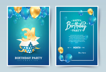 34 th years birthday vector invitation double card. Thirty four years anniversary celebration brochure. Template of invitational for print on blue background