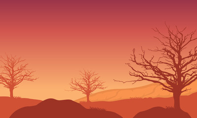 Amazing silhouetted views of mountains and trees at sundown in the afternoon. Vector illustration