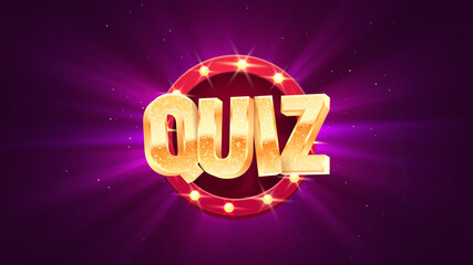 Quiz golden text on retro illuminated board vector banner. Trivia night isolated design elements