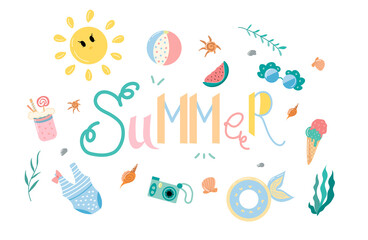 Set of pastel summer elements. Cute vector illustration with sun, seaweed, sunglasses, milkshake, camera, ball, swimsuit, ice cream, seashells, watermelon and bubbles. Summertime collection.