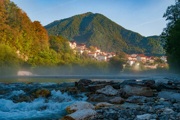 Village and river in the mountain valley.