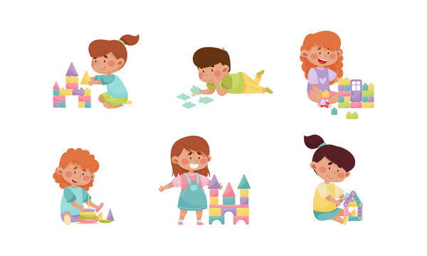Little Boy and Girl Sitting on the Floor and Playing with Construction and Puzzle Toy Vector Set