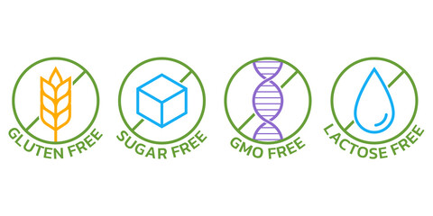 Gluten free, GMO free, sugar free, lactose free icon set. Allergy logos. Product packaging labels. Vector illustration. - obrazy, fototapety, plakaty