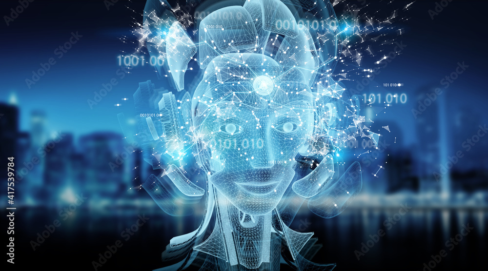 Fototapete artificial intelligence holographic projection with robot head 3d rendering