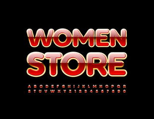 Vector chic logo Women Store. Bright Red and Gold Font. Elite set of Alphabet Letters and Numbers