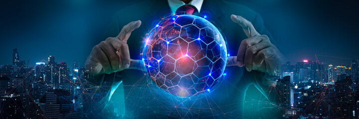 Businessman hand holding blue earth and global networking connection,blockchain,virtual technology,big data,iot,rpa,artificial intelligence(ai),network concept,Elements of this image furnished by NASA